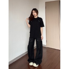 批发铆钉解构拼接复古正派短袖T恤男<b class='q'>女休闲</b>宽松百搭慵懒风上衣潮