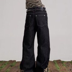 批发刺绣2026新概念复古水洗微喇刺绣设计牛仔<b class='q'>裤</b>宽松直筒<b class='q'>百搭</b>长<b class='q'>裤</b>潮