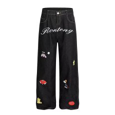 批发卡通毛巾绣水洗做旧<b class='q'>牛仔</b><b class='q'>背带裤</b><b class='q'>女</b>OOTD宽松显瘦直筒宽松拖地裤潮