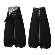 批发美式新概念复古豹纹拼接牛仔<b class='q'>裤</b>男女春秋宽松休闲阔腿长<b class='q'>裤</b>街头<b class='q'>百搭</b>