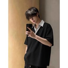 批发条纹集优拼接衬衫领假两件T恤女<b class='q'>男</b>潮牌宽松春夏短袖上衣情侣港风