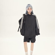 批发美潮<b class='q'>街头</b>拼接撞色立领拉链开衫夹克情侣休闲运动短裤套装