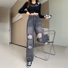 批发大码胖mm<b class='q'>显瘦</b>新款高腰直筒破洞牛仔<b class='q'>裤</b>女宽松复古高街潮ins阔腿<b class='q'>裤</b>
