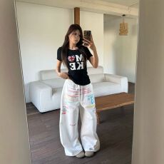 批发原版做法彩色字母印花直筒休闲<b class='q'>男</b>女宽松阔腿拖地<b class='q'>运动</b>百搭<b class='q'>长裤</b>