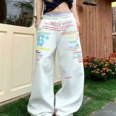 批发原版做法彩色字母印花直筒休闲裤<b class='q'>男</b>女宽松阔腿<b class='q'>运动</b>百搭<b class='q'>长裤</b>