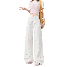 批发高腰阔腿<b class='q'>牛仔裤</b>女2026春夏新款显瘦设计感花朵刺绣百搭宽松直筒裤