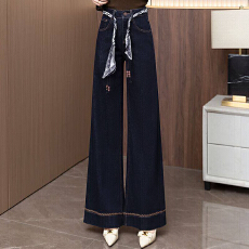 批发深蓝色高腰阔腿牛仔裤女2026<b class='q'>春</b>夏新款大码休闲宽松显瘦直筒拖地裤