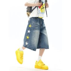 批发美式高街星星刺绣牛仔<b class='q'>短裤</b><b class='q'>男</b>女夏潮牌重磅休闲<b class='q'>七分裤</b>宽松水洗中裤