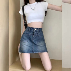 复古ins风牛仔短裙女高腰休闲口袋分割设计感包臀a字韩版半身裙子