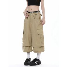 批发美式复古大口袋工装短裤女夏季高街潮牌宽松<b class='q'>休闲</b>直筒阔腿七分裤