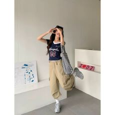 批发美式复古褶皱多口袋七分裤男女夏季宽松<b class='q'>休闲</b>阔腿工装裤牛仔短裤潮
