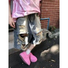批发破洞牛仔裤女夏季薄款宽松直筒阔腿潮牌乞丐痞帅裤子美式高街<b class='q'>休闲</b>