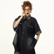 批发复古水洗牛仔<b class='q'>衬衫</b>短袖男女美式宽松设计感豹纹拼接<b class='q'>衬衣</b>外穿五分袖