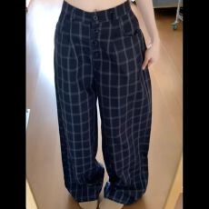 批发春季美式复古格纹排扣<b class='q'>休闲裤</b>男女宽松慵懒垂感阔腿显瘦拖地长裤