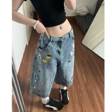 批发美式复古水洗做旧刺绣牛仔短裤男女夏季宽松休闲百搭七分裤子