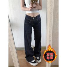 批发美式复古<b class='q'>牛仔裤</b>女加绒加厚韩版辣妹高街修身显瘦阔腿直筒长裤子潮
