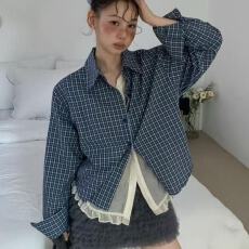 批发<b class='q'>韩国</b>chic秋季新款小众复古撞色拼接假两件木耳花边长袖格子衬衫女
