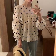 批发秋季甜美别致木耳边波点衬衫女韩系外穿设计感小众显瘦<b class='q'>小衫</b>长袖