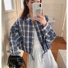 批发春秋新款设计感复古<b class='q'>格子衬衫</b>女设计感抽绳系带休闲衬衣宽松上衣