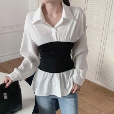 批发春秋新款法式假两件拼接衬衫女韩国设计感收腰抹胸小众长袖衬衣