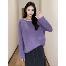 批发<b class='q'>大码</b>紫色显白细闪毛衣针织衫女秋季胖mm宽松显瘦内搭打底外穿上衣