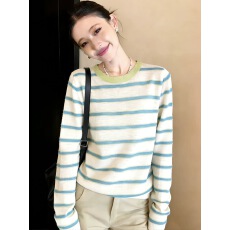 批发撞色条纹薄款冰丝T恤女圆领长袖慵懒风防晒罩<b class='q'>衫</b>2026新款春夏上衣