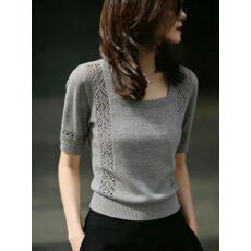 批发简约风灰色短袖针织<b class='q'>衫</b>2026夏季修身显瘦镂空方领上衣冰丝通勤套头