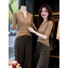 批发老钱风POLO领中袖针织<b class='q'>衫</b>女春夏新款独特绝美修身V领打底<b class='q'>衫</b>小上衣