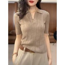 批发驼色翻领短袖针织衫女<b class='q'>夏</b>季正肩t恤2026新款气质显瘦薄款中袖上衣