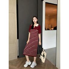 批发2026春夏韩版<b class='q'>条纹</b>连衣裙短袖女夏季POLO领短袖显瘦休闲通勤长裙
