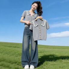 批发2026夏季新款爆款洋气藏蓝色蕾丝花边针织衫高级感短袖上衣<b class='q'>衬衫女</b>