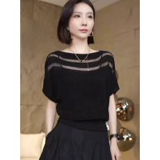 批发细闪一字领冰丝针织t恤女夏镂空显瘦薄款短袖<b class='q'>蝙蝠</b>袖气质减龄上衣