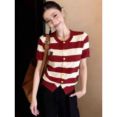 批发初夏独特绝美一整套显瘦百搭气质复古风条纹圆领针织衫阔腿<b class='q'>裤</b><b class='q'>套装</b>