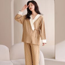 批发【带胸垫】春<b class='q'>秋</b>仿棉女长袖系带睡衣月子服孕妇产后哺孕家居服
