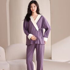 批发【带胸垫】春<b class='q'>秋</b>仿棉女长袖系带睡衣月子服孕妇产后哺孕家居服