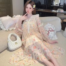 批发直播小红书爆款气质可拆卸胸垫网纱睡衣女<b class='q'>春</b>秋长袖睡裙