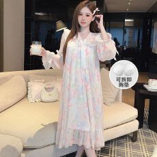 批发抖音直播小红书爆款气质可拆卸胸垫网纱睡衣女<b class='q'>春</b>秋长袖睡裙