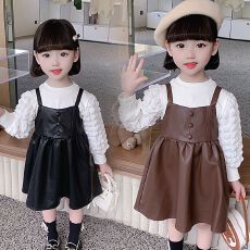 批发<b class='q'>女童</b>秋<b class='q'>款</b>两件套吊带裙2025新款套装中小童长袖背带皮裙连衣裙打底