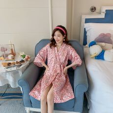 批发【多款】外贸秋季新款<b class='q'>睡袍</b>防真丝色丁印花睡衣女单袍家居服