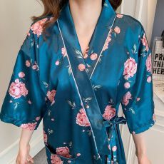 批发【多款】外贸秋季新款<b class='q'>睡袍</b>防真丝色丁印花睡衣女单袍家居服