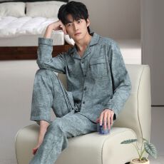 批发新款男士外贸睡衣纯棉宽松加大码休闲长袖长裤秋冬款家居服套装