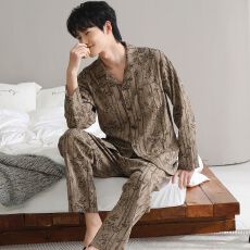 批发新款男士外贸睡衣纯棉宽松加大码休闲长袖长裤秋冬款家居服套装