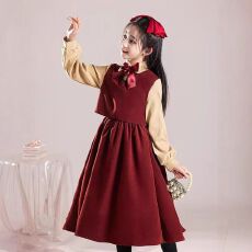 批发<b class='q'>女</b><b class='q'>童</b>学院衬衫<b class='q'>裙子</b>春秋新款中大童时尚公主裙红色女孩假两件连衣裙