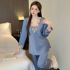 批发V领冰丝<b class='q'>睡衣</b>女秋季绣花长袖两件套装薄款<b class='q'>丝绸</b>显瘦洋气妈妈家居服