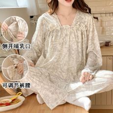 批发牛奶丝孕妇睡衣带固定胸垫方领印花韩版月子服哺乳长袖居家