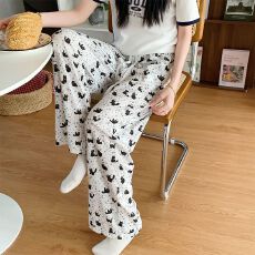 批发女款精梳针织棉睡裤春秋卡通印花可外穿直筒遛弯裤中腰薄款家居裤