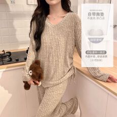 批发秋季睡衣女款针织磨毛套装带固定胸垫<b class='q'>长袖</b>简约温柔风<b class='q'>家居服</b>