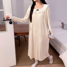 批发秋季睡衣女款带胸垫抽条莫代尔温柔风<b class='q'>长袖</b>睡裙可外出<b class='q'>家居服</b>