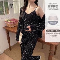批发秋季睡衣女款莫代尔带胸垫性感纯欲风吊带三件套<b class='q'>长袖</b><b class='q'>家居服</b>