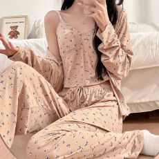 批发秋季睡衣女款莫代尔带胸垫性感纯欲风吊带三件套<b class='q'>长袖</b><b class='q'>家居服</b>